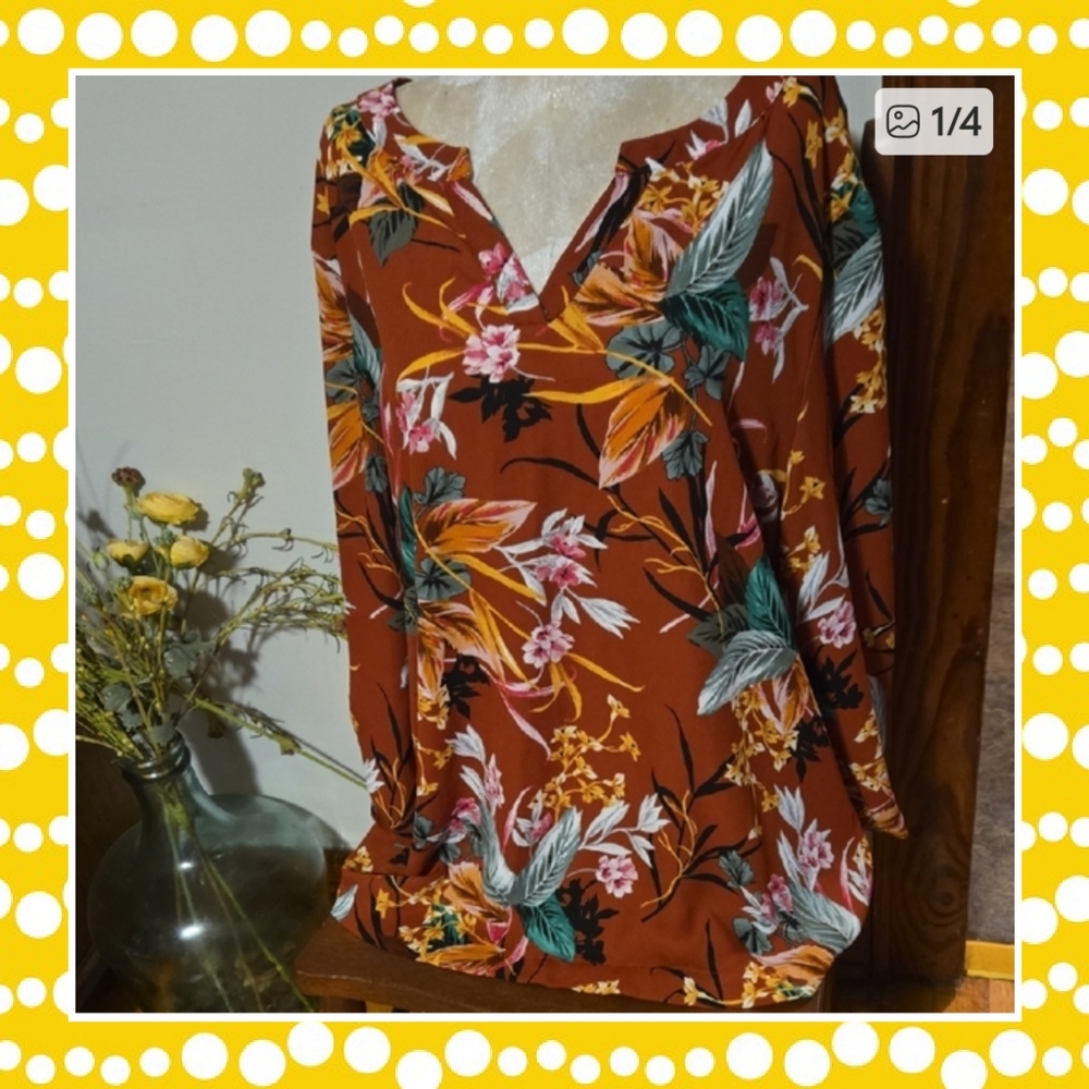 Christopher & Banks Floral V-Neck Blouse - Size Xl